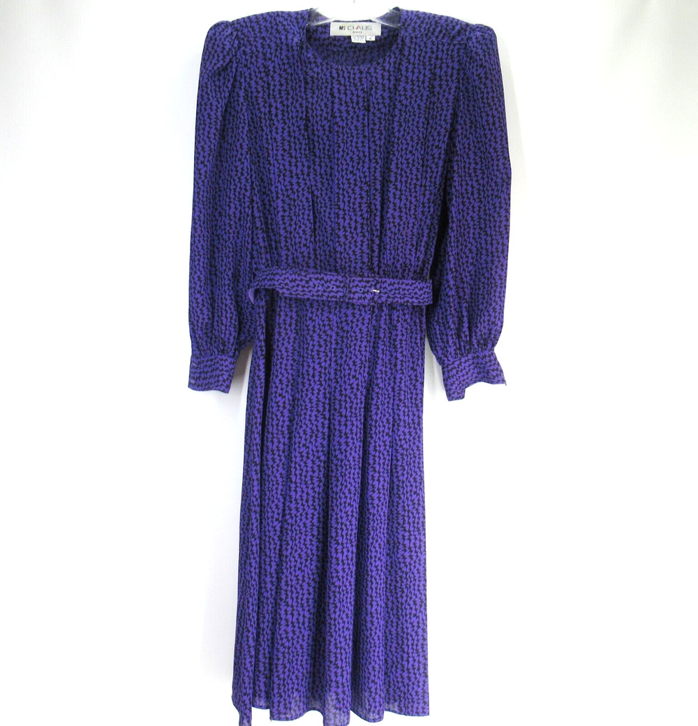Vintage Ms Chaus Dress Women 8 Petite Purple Belted Pleated LS Stretch Waist Pad